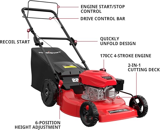 PowerSmart Self Propelled Gas Lawn Mower, 22 in. 170cc OHV Engine 2-in-1 Rear Wheel Drive, High Wheels, 6-Position Height Adjustment