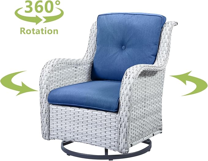 HUMMUH 3-Piece Swivel Rocking Rattan Chair Outdoor,Patio Bistro Furniture Conversation Set,Wicker Chair with Glass Side Table(Light Grey,Blue)