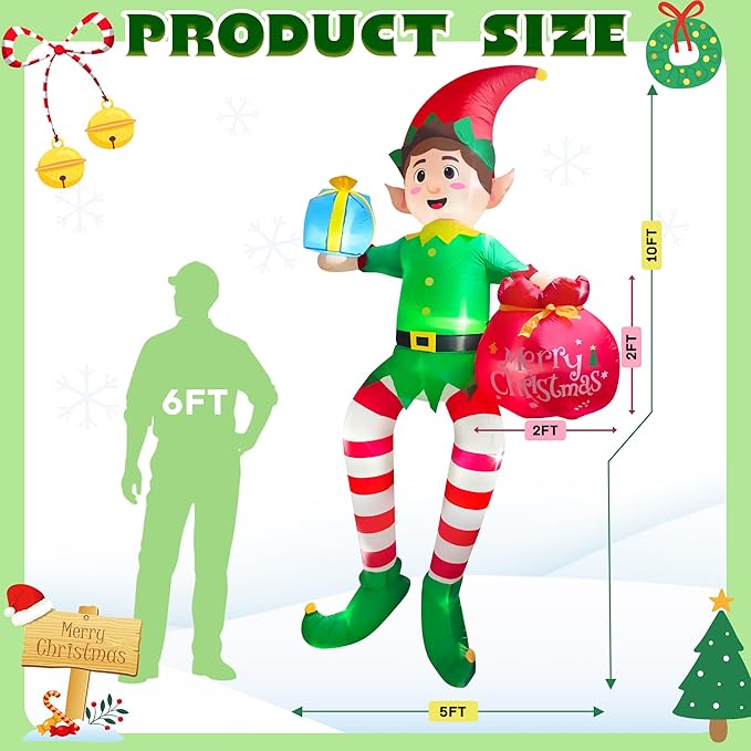 10FT Christmas Inflatable Outdoor Decoration, Sitting Elf Inflatable Christmas Blow up Yard Decorations with LED Lights, Elf Outdoor Decoration for Garden Lawn Roof
