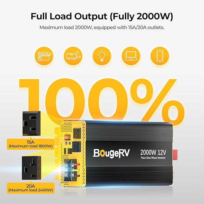 BougeRV 2000W Pure Sine Wave Inverter Convert 12V DC to 120V /110V AC, Fully 2000W Output, Built-in BT for BougeRV APP, Wired Remote Controller, Off-Grid Solar System, RV, Backup Power