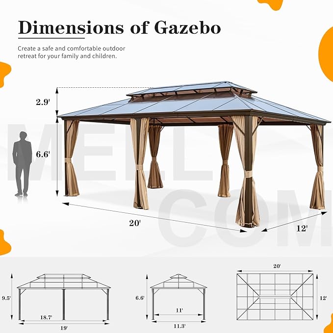 MELLCOM 12'x20' Hardtop Gazebo with Polycarbonate Double Roof, Aluminum Frame Outdoor Gazebo Permanent Pavilion with Curtains and Netting for Patio, Lawn & Garden