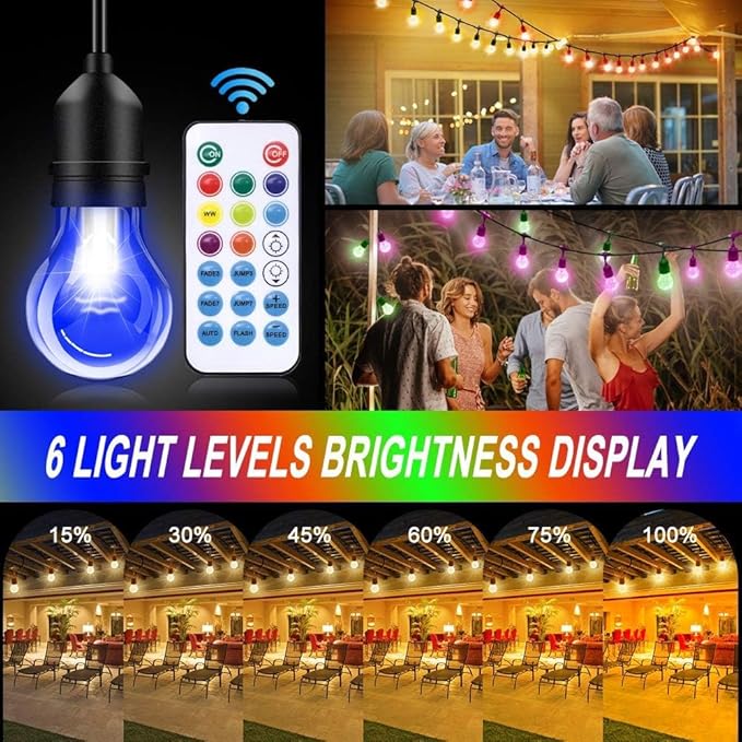 Auroraworld 144FT RGB Outdoor String Lights, Dimmable Color Changing Waterproof LED Patio Lights with Remote & E26 Shatterproof Edison Bulbs for Bistro Backyard Garden Party Decor