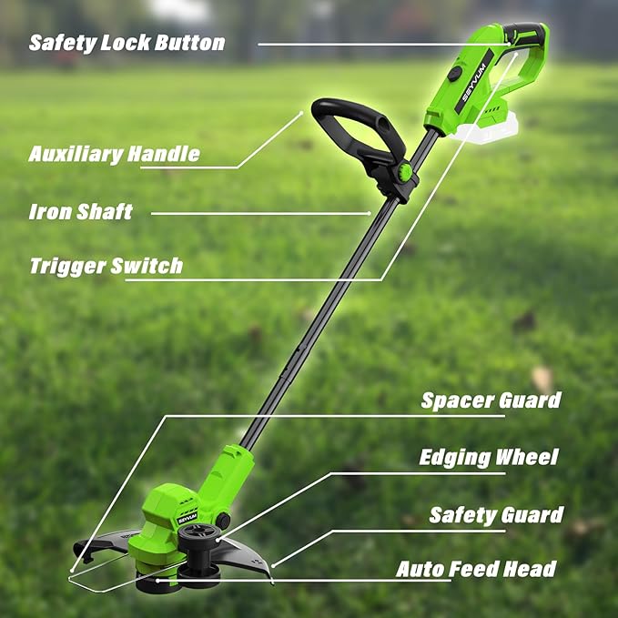 SEYVUM String Trimmer, 20V 12-inch Cordless Weed Wacker with Auto Line Feed, 2 X 2.0Ah Battery Powered Lawn Edger with 8 Pcs Grass Cutter Spool Line, Fast Charger Included, Green