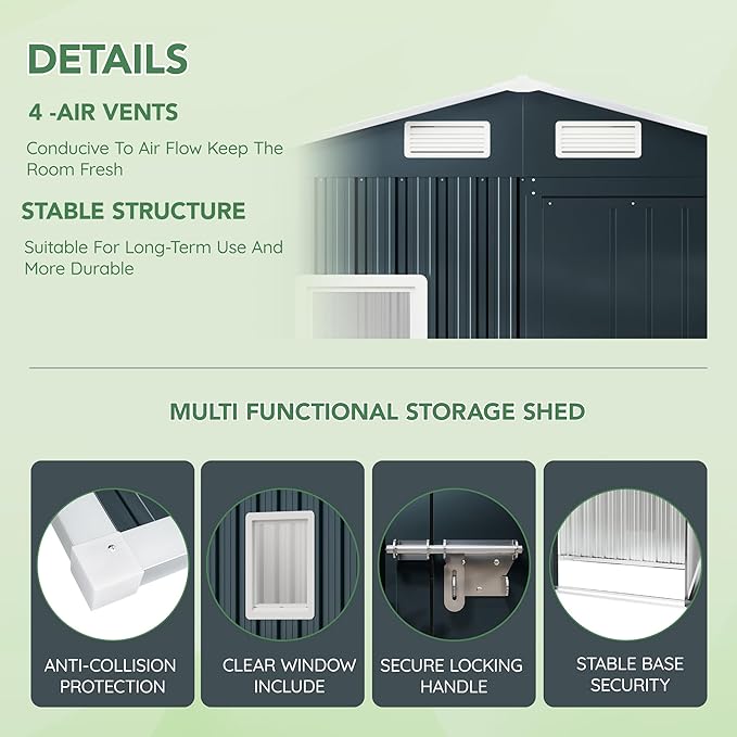 6X4X6.5 FT Compact Vertical Outdoor Steel Storage Shed with Lockable Doors, Ideal for Garden, Backyard, and Patio Utility and Small Tool Storage,Bike Shed, Garbage Can, Chicken Coop