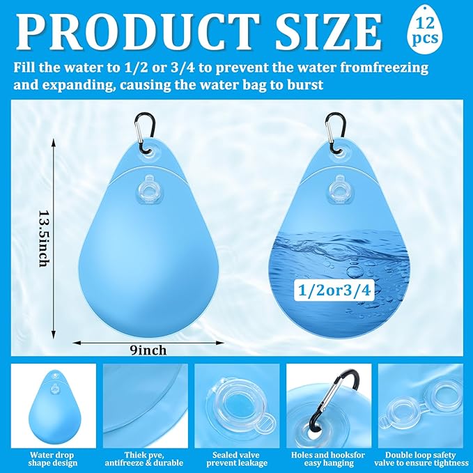 Hungdao 12 Pack Pool Cover Weights with Hooks Above Ground Hanging Water Bags Leakproof Thick PVC Swimming Pool Cover Tarp Weights Winter Antifreezing for Above Ground Closing Kit, 13.5 x 9 Inch