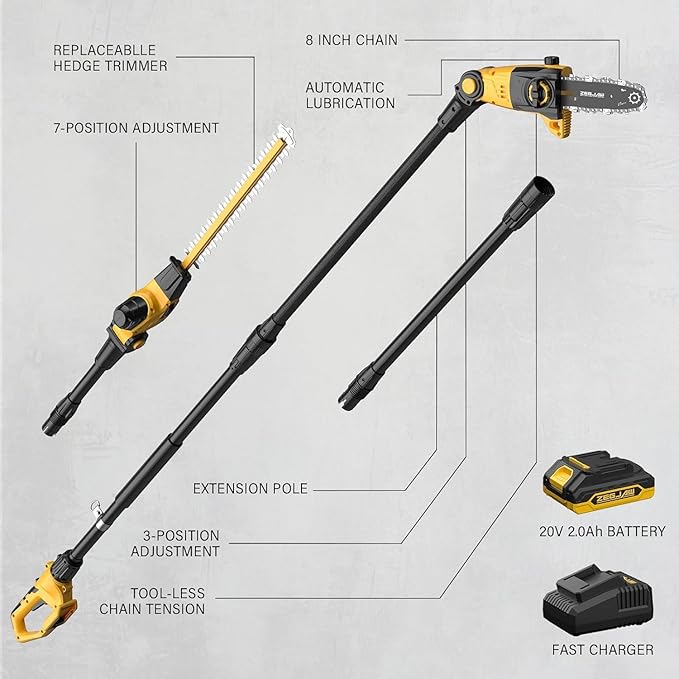 Pole Saw 8-Inch Cordless Tree Trimmer and 18-Inch Pole Hedge Trimmer 2-In-1, 15-Feet Max Reach, Auto Oiling, Telescoping Pole Chainsaw with 2.0Ah Battery & Charger