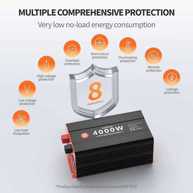 4000W Pure Sine Wave Power Inverter 12V DC to 110V AC Converter Peak Power 8000W for RV Truck Off-Grid Solar Car Inverter with 4 AC Outlets, 2 USB & 1 Type-C Ports, Hardwire Kit, Remote Controller