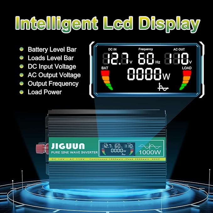 JIGUUN Power Inverter 2000 Watt, DC 12V to AC 120V Pure Sine Wave Inverter with LCD Display, 4 AC Outlets&USB Output, Power Converter with Remote Control for RV Emergency Camping. (PRO2000W-12)
