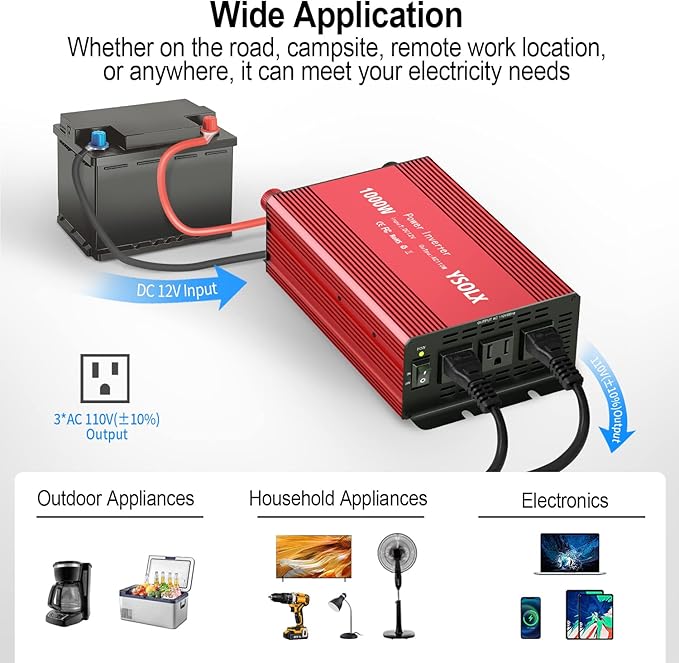YSOLX 1000W Power Inverter 12v to 110v, DC to AC Converter with 3 AC Outlet, 1000 Watt Inverter for 12v Truck/Rv/Camping/Home/Emergency Power