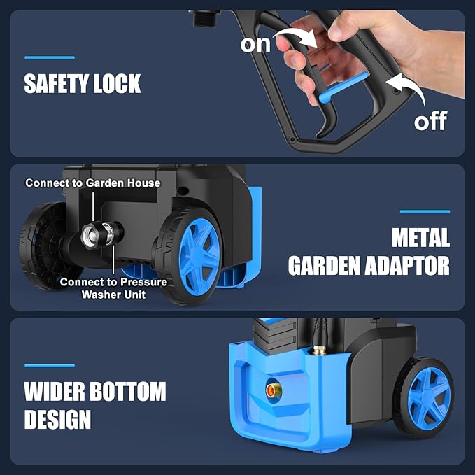 Pressure Cleaner with 33FT Flexible Extension Hose + 34FT Power Cord, 4 Nozzles, Foam Cannon, Best Power Cleaner for Cars, Patios, Driveways, Blue