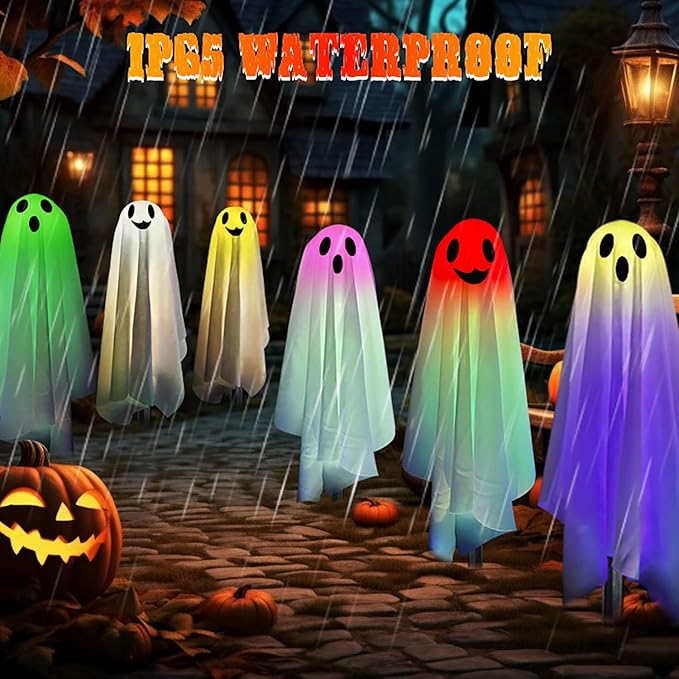 Halloween Ghost Pathway Lights with Stakes, 6PCS Solar Colorful Light Ghost Decorations, Waterproof Outdoor Lights for Yard, Lawn, Driveway, Halloween Decor
