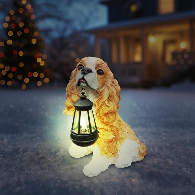 Cavalier King Charles Spaniel Statue Outdoor Decorations – Dog Statues Outdoor Blenheim Cavalier King Charles Spaniel with Replaceable Solar Light & Welcome Sign for Lawn Décor