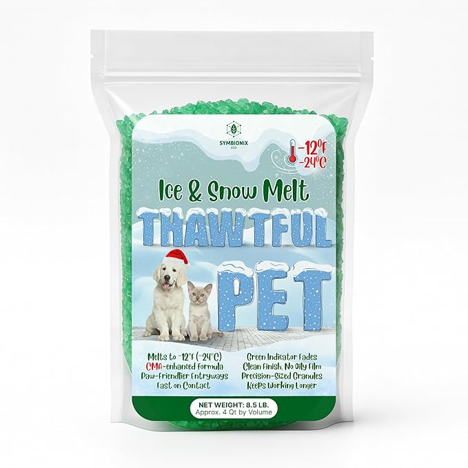 Thawtful Pet Safe Ice Melt – Pet Friendly Ice Melt, Snow Melt – Green Granules with CMA, Melts to −12°F (−24°C) - Driveway Salt & Sidewalk Salt for Ice (4 qt. - 8.5 lb.)