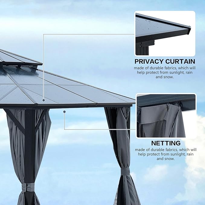 KEIKI 12 * 16FT Permanent Hardtop Gazebo with Netting and Curtains, Double Roof Waterproof Pergola Sunshade Pavilion for Outdoor Patio Lawn Backyard and Garden, Aluminum Frame Polycarbonate Canopy
