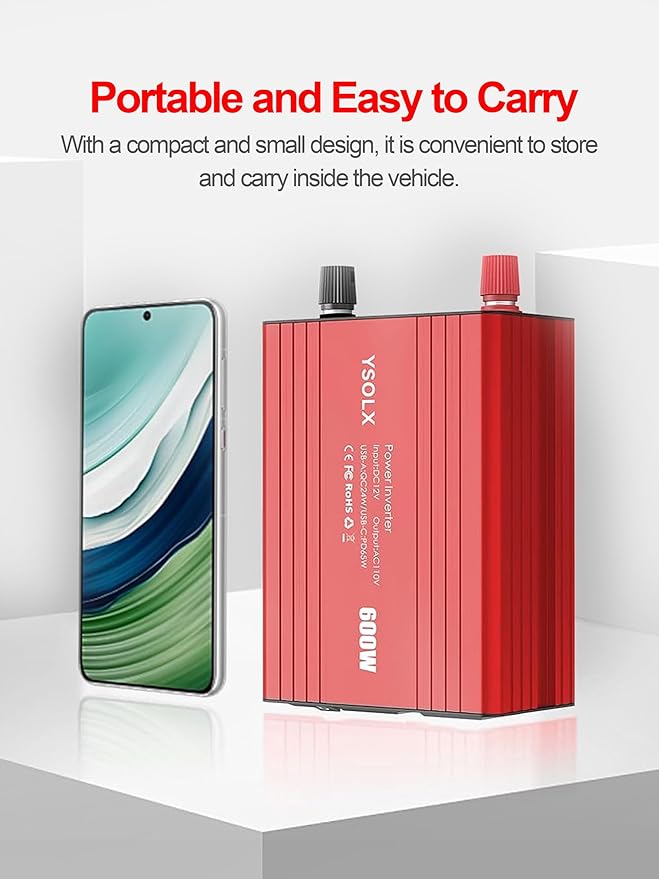 YSOLX 600W Power Inverter, DC 12V to 110V AC Car Inverter with Dual USB C/A Fast Car Charger Adapter(Updated)