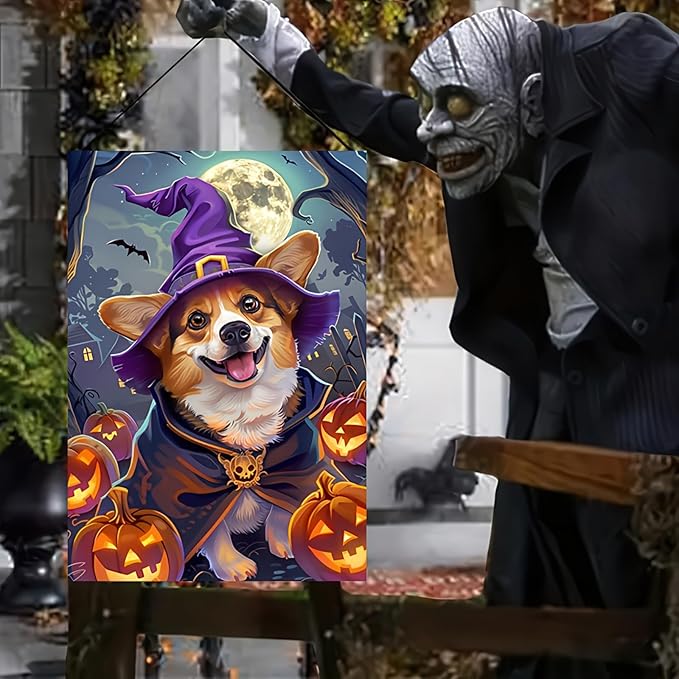 Halloween Decorations Outdoor Garden Flag 12x18 Inch Double Sided Corgi Dog Witch Hat Pumpkin Fall Decor Yard Lawn Porch Patio Halloween Garden Flags