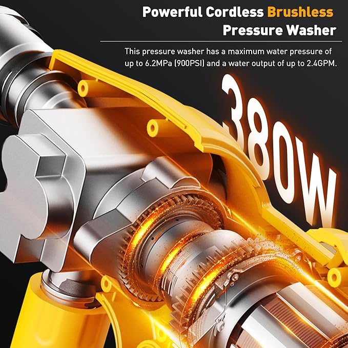 2025 Upgrade Cordless Pressure Washer, 900PSI Battery Powered Pressure Washer with 6-in-1 Nozzle, 10 Speed Adjustment, Remaining Battery Display, Portable Power Washer for Car/Garden/Floor/Yards