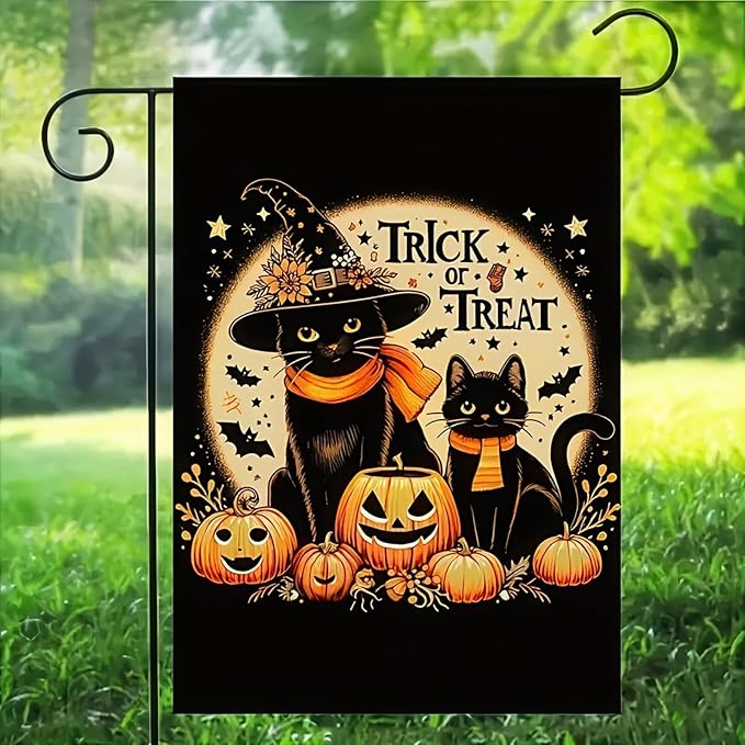 Halloween Ghost Black Cat Garden Flag 12 x 18 Inch Double Sided Spooky Pumpkin Welcome Yard Flag Holiday Seasonal Outdoor Outside Decoration Halloween Cat Garden Flag