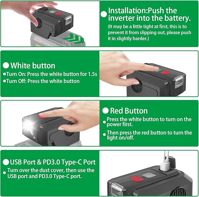 Power Inverter for Ryobi 40V Battery,200W Power Supply Inverter DC 18V to AC 110V, with USB Port & Type C PD3.0 Output Port & LED Lighting