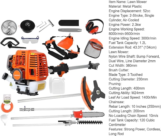 52cc Gas Weed Eater,Gas String Trimmer,5 in 1 Cordless Hedge Trimmer[2 Stroke],Multi Garden Tools Brush Cutter, Weed Wacker, Pole Saw with Extension Pole, String Trimmer for Yard Lawn (red)