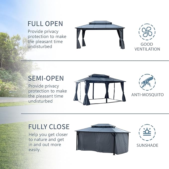 KEIKI 12 * 16FT Permanent Hardtop Gazebo with Netting and Curtains, Double Roof Waterproof Pergola Sunshade Pavilion for Outdoor Patio Lawn Backyard and Garden, Aluminum Frame Polycarbonate Canopy