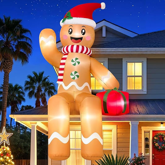 10FT Christmas Inflatable Outdoor Decoration, Sitting Waving Gingerbread Inflatables Outdoor Decorations with Built-in LEDs, Gingerbread Blow Up Yard Decorations for Xmas Party Holiday Decor