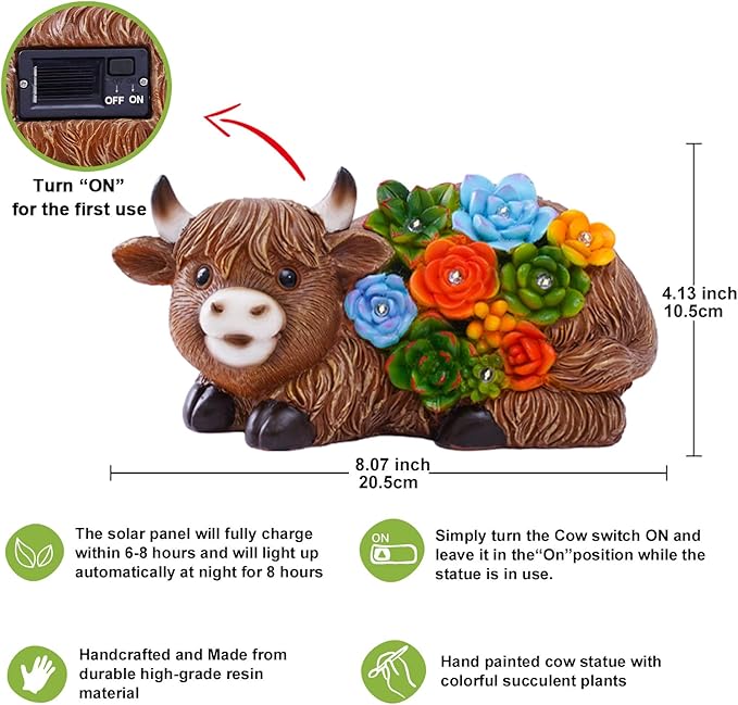 Nacome Solar Garden Statues Highland Cow with Succulent and 6 LED Lights - Lawn Decor for Patio Balcony Yard Ornaments - Birthday Gifts Mom Grandma Women(Brown)