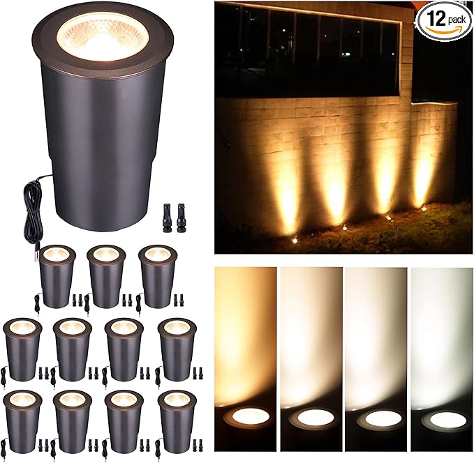 Outdoor Well Lights Low Voltage - 12V LED Inground Fixture, Bright 5 Colors Ground Landscape Lighting, Wired ORB Aluminum for Sideway Pathway Patio 9W 700LM 12 Pack