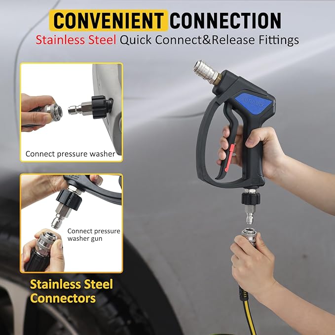 Pressure Washer Hose 50ft - 1/4" Flexible Power Washer Hose Kink Resistant,3600 PSI Leak-Free M22-14mm Extension Replacement Hose 5 Accessories with storage strap
