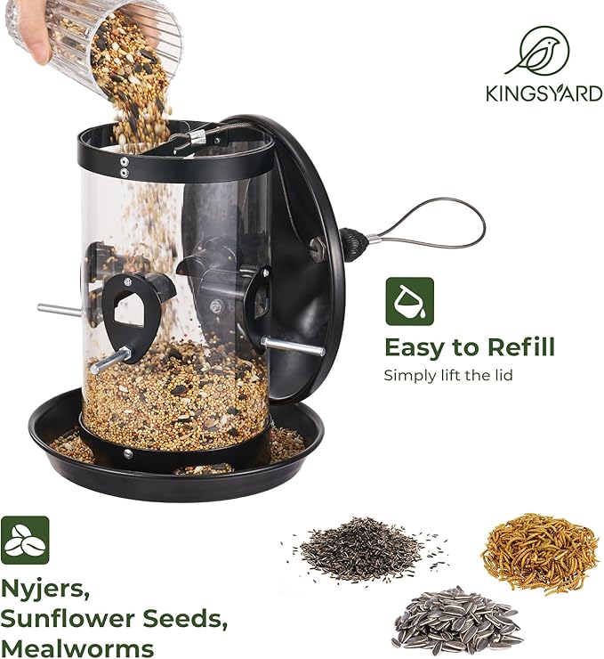 Kingsyard Metal Hopper Bird Feeder for Outdoors Hanging with 8 Ports, 3 lbs Large Capacity Tube Bird Feeder with Seed Tray, Easy to Fill and Clean, Black