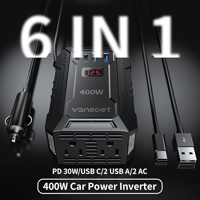 400W Car Power Inverter DC 12V to 110V AC Inverter with PD 30W/15W USB C+2*USB A Ports & 2 AC Outlets, Car Plug Adapter Outlet for Laptop/Phone/Road Trip