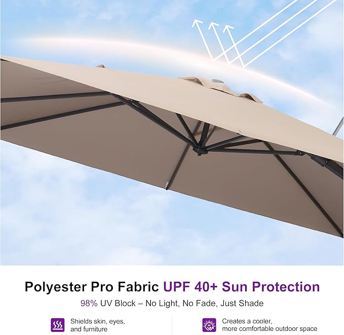 PURPLE LEAF 10' X 10' Swivel Outdoor Patio Aluminum Umbrella with Base Left-right Tilting Cantilever Offset Umbrella with UV Resistant Heavy Duty Fabric for Deck Pool Patio Backyard, Sand Dune