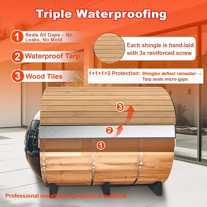 Outdoor Panoramic Sauna, 15KW Wood Burning Saunas Stove, Canadian Red Cedar Barrel Sauna 6 Person, Triple Waterproofing System, Steel Fireplace, Wood Tiles(0-195℉)