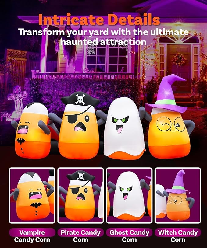 11.5FT Length Halloween Inflatables Four Corn Candy Decoration, Halloween Blow Up Corn Candy Dressed Vampire Pirate Ghost Wizard Built-in 5 LEDs for Yard Lawn Garden Halloween Party Parade