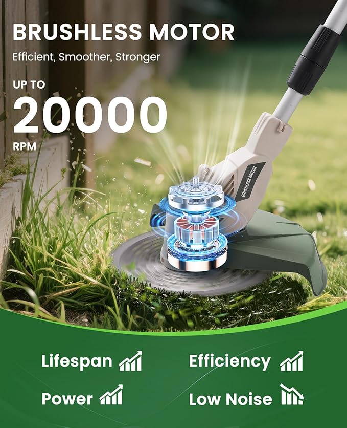 Electric Weed Wacker Cordless, Brushless Grass Trimmer with 21V 4.0Ah Batteries and Charger, 4 Types of Blades String Trimmer, Weed Eater Battery Powered with Shoulder Strap, Lawn Edger Tool