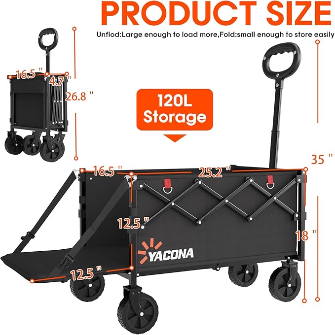 360LBS Heavy-Duty Wagons Carts Foldable 120L Collapsible Wagon Cart with Wheels and Tailgate, Folding Utility Wagon Carts for Groceries, Outdoor Camping, Shopping, Beach, Garden