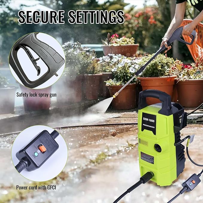 Electric Pressure Washer, 1800PSI 1.6GPM Portable Power Washer with 20FT Hose & 35FT Power Cord, Two Nozzles, 0.4L Soap Bottle for Car Driveways Patio Garden
