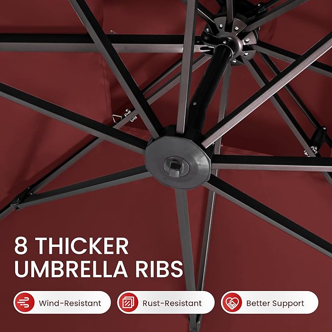 10x10 FT Cantilever Patio Umbrella Double Top Outdoor Square Large Heavy Duty Aluminum Offset Umbrellas with 7 Level Tilt 360-degree Rotation for Pool Garden Deck, Wine Red