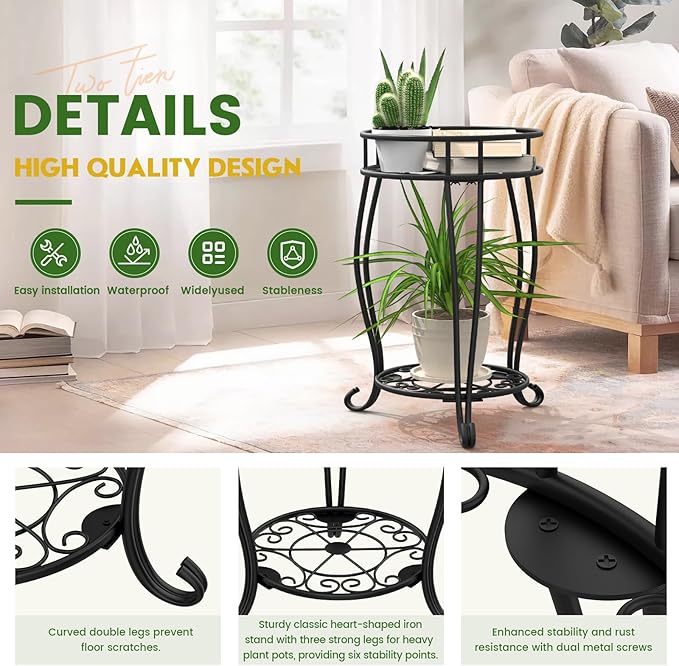 2 Tier Metal Plant Stand Indoor Outdoor , Rustproof Stable Plant Stands Multiple Plant Rack Holder Flower Pot Stand for Living Room Balcony Garden Patio Bedroom (Black, 19.5)