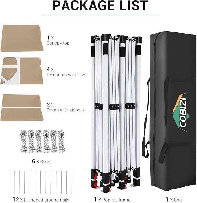 COBIZI 10x20 Pop Up Canopy with 6 Sidewall, Commercial Canopy UPF 50+ Waterproof Outdoor Gazebo with Carry Bag, Tents for Parties with Upgrade Frame, 3 Height Adjustable, Khaki