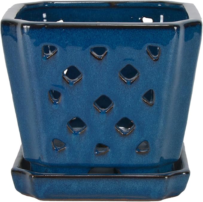 W&W Ceramic Orchid Pot with Holes and Saucer for Repotting, Blue, 7 Inches