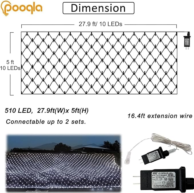 Christmas Net Lights, 510 LED Large Outdoor Net Mesh Lights for Bushes 28x5ft, 8 Modes Waterproof Twinkle String Lights Connectable for Halloween Hedge Yard Garden Party Decor, Cool White