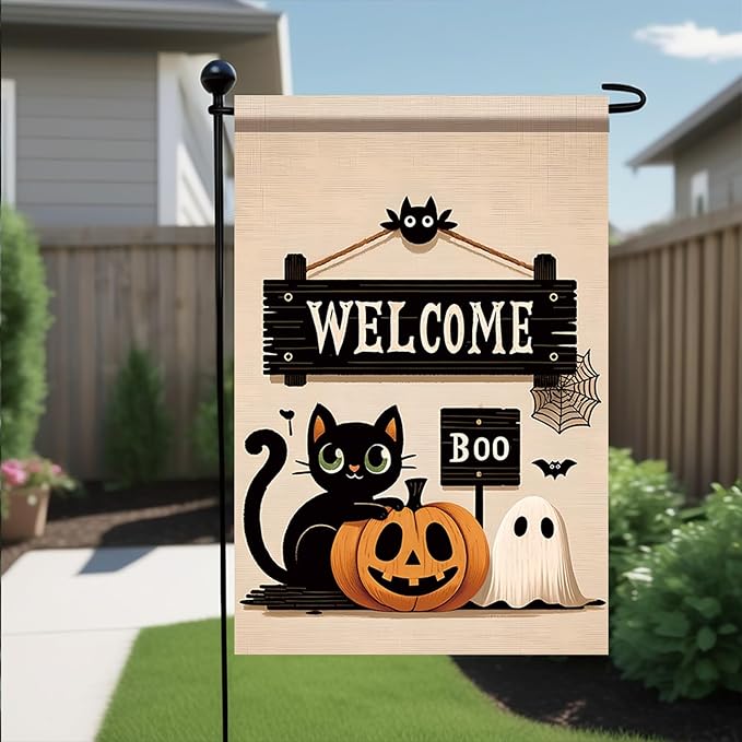 Halloween Black Cat Welcome Garden Flag 12x18 Inch Double Sided for Outside Cute Cat Pumpkin Ghost Yard Flag for Outdoor Holiday Home Decor