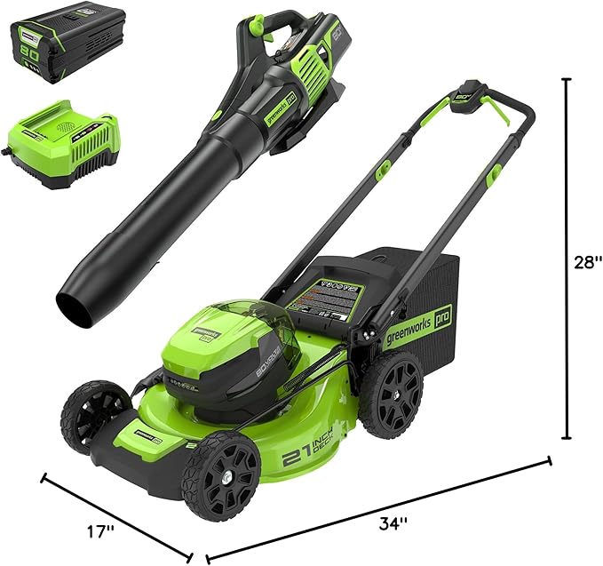Greenworks 80V 21" Cordless Battery Push Lawn Mower,730 CFM Cordless Battery Leaf Blower,Combo Kit w/(1) 4Ah Battery & (1) 4A Rapid Charger