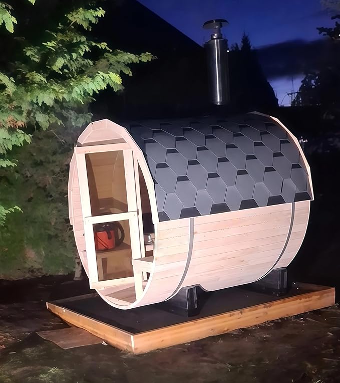 Outdoor Barrel Sauna with Porch, Wood Burning Stove Sauna 4 Person, Large Glass Window, Canadian Hemlock, Chimney Kit, Triple Waterproof System, Double Reinforcement(0-195℉)