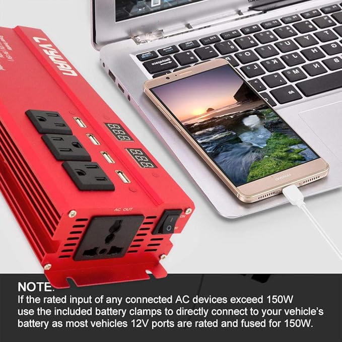 Yinleader Car Power Inverter 1000W/2000W(Peak) DC 12V to 110V AC Converter with Intelligent LED Display 4 AC Outlets 4 USB Charger for RV Caravan Truck Laptop(Red)