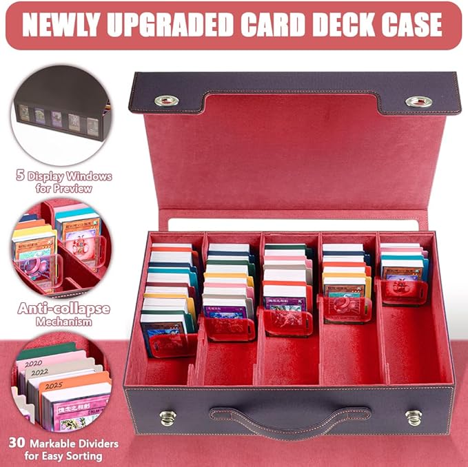 5-Row 3900+ Trading Card Storage Box for MTG, Card Deck Box with Snap-fit Design, 5 Card Sleeves, 10 Stoppers, 80 Dividers and 1 Dice Tray (Black-Red)