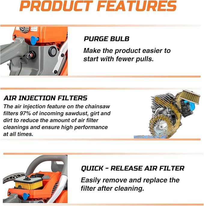 PROYAMA 58CC Gas Powered Chainsaw, 2 Cycle 2.8HP Powerful Chain Saw, 16inch & 20inch Chainsaw Bar, Gasoline Outdoor Cordless Chain Saw for Cutting Forest Wood Garden Trimming Tools