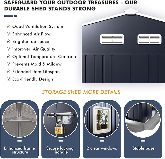 10x12 Metal Shed with Floor Frame Kit, Reinforced Construction - Translucent Roof Panels for Natural Light, Lockable Doors, Vents and Windows, Weatherproof Outdoor Storage for Garden/Backyard/Patio
