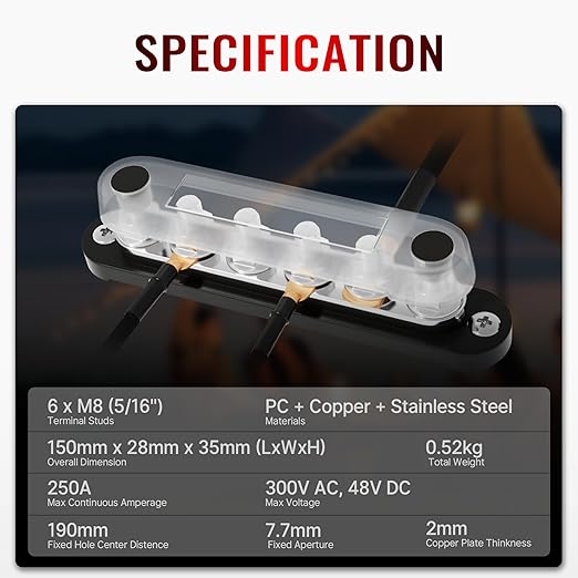 12V Bus Bar 250A Power Distribution Block, 12 Volt Busbars 6 x 5/16" (M8) Terminal Studs Positive & Negative for Car, Marine, Solar Systems